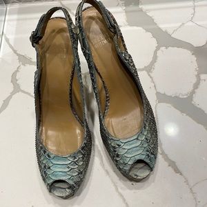 Gently worn blue snakeskin Stuart Weitzman peep toe
